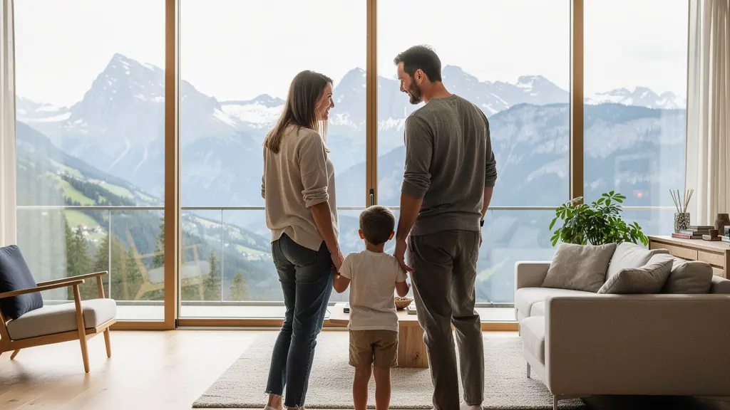 Famille visitant un appartement lumineux avec vue sur les Alpes suisses