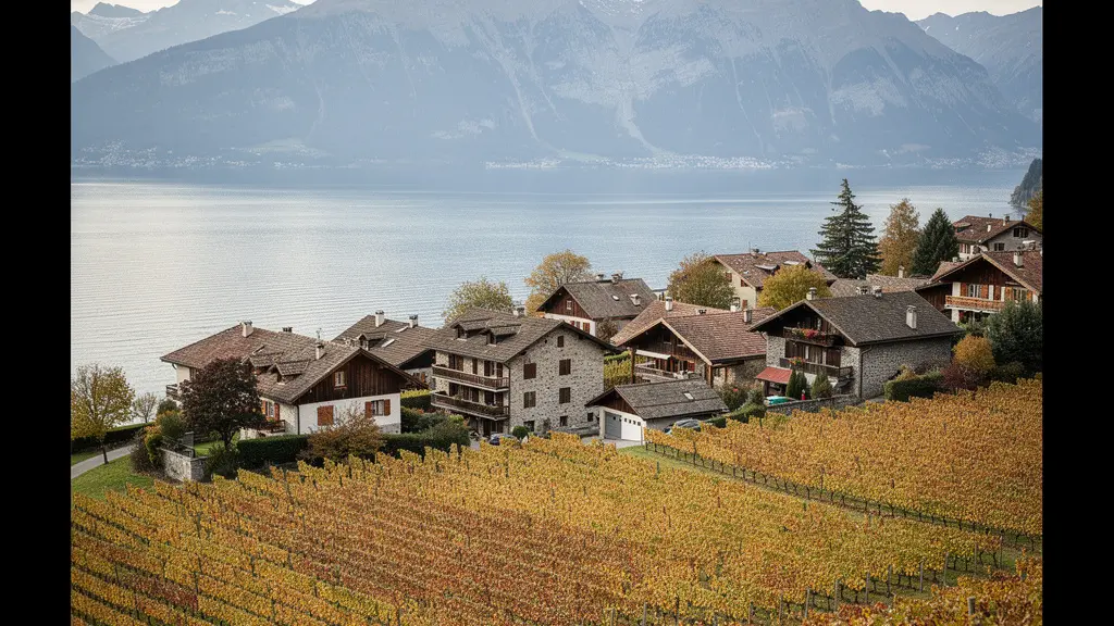 Village typique de Suisse romande avec vue sur le lac Léman et les vignobles