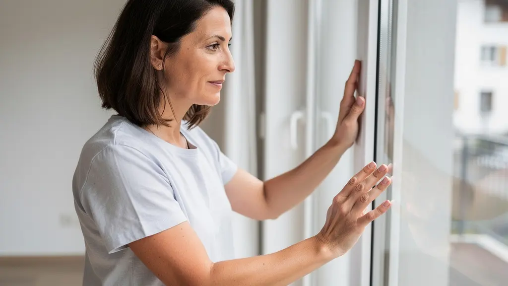 Acquéreur inspectant la qualité des fenêtres lors d'une visite immobilière